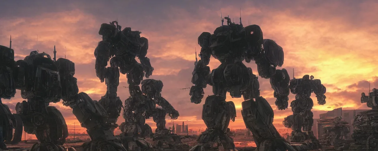 Image similar to A real photo of a giant mechwarrior robot and the sunset in the distance, by Josan Gonzalez, Yoji Shinkawa and Geof Darrow, highly detailed, Unreal Engine Render, 3D, 8k wallpaper