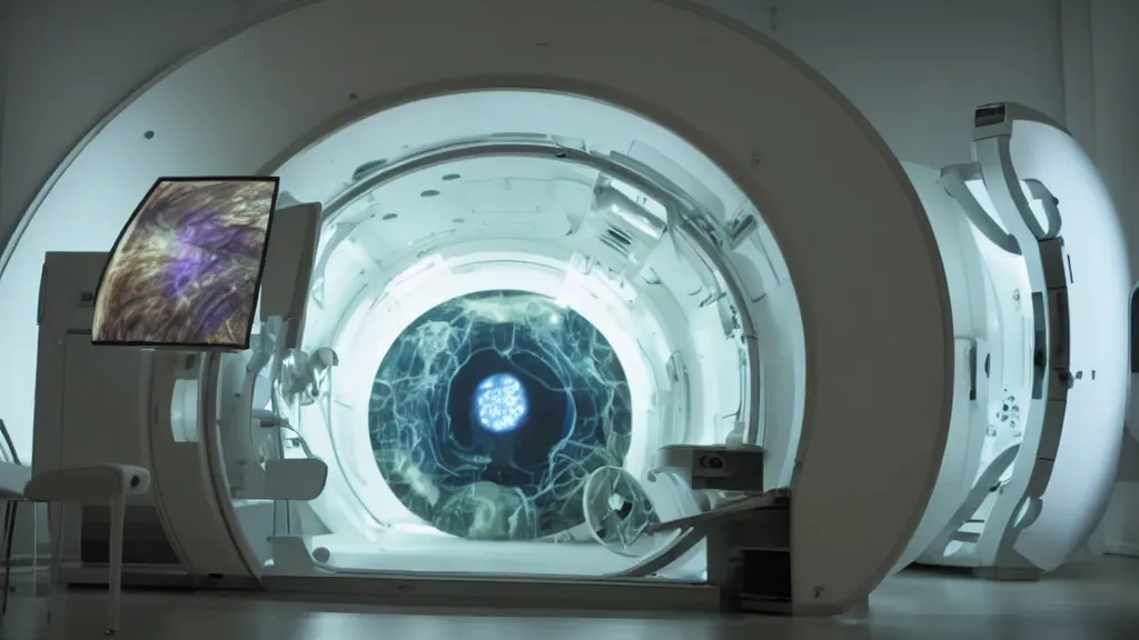 Image similar to an mri image open mri machine portal in the living room, film still from the movie directed by denis villeneuve with art direction by salvador dali, wide lens