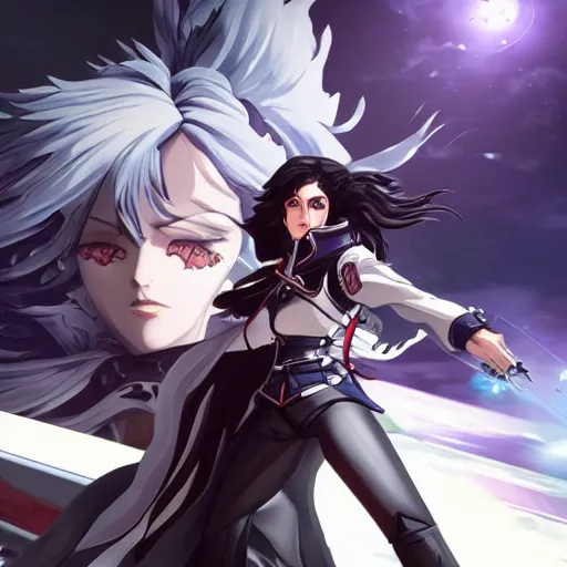 Prompt: Yennefer of Vengerberg exiting the cockpit of a gundam, dynamic, anime