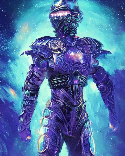 Image similar to Gladiator armor made of galaxies and sci fi parts conjuring cosmic energy, surrealism, smooth, intricate, elegant, galactic energy, power aura, neon glowing spells, digital painting, artstation, concept art, high tech fantasy, sharp focus, illustration, art by daytoner and vitaly bulgarov