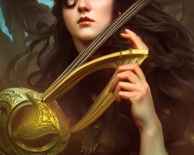 Image similar to photography of a dark long haired elve playing harp, deep focus, d & d, fantasy, intricate, elegant, highly detailed, digital painting, artstation, concept art, matte, sharp focus, illustration, hearthstone, art by artgerm and greg rutkowski and alphonse mucha