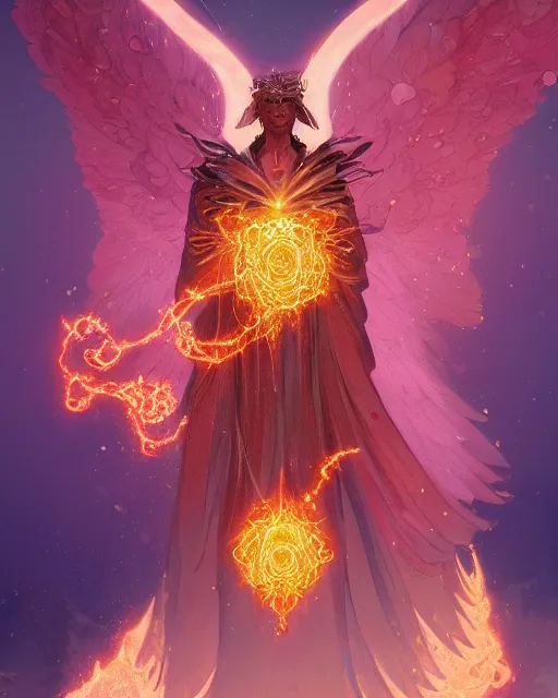 Image similar to a character portrait of only one male angel of justice with golden fiery wings, surrounded with spiriling sparkling rose crystals, by peter mohrbacher, hyper light drifter, by ilya kuvshinov katsuhiro, jim burns, wadim kashin, greg rutkowski, trending on artstation