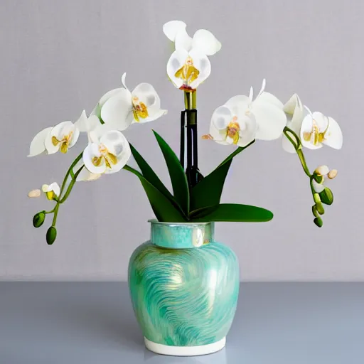 Prompt: orchid made of mother of pearl, opal petals, home magazine kitchen photography