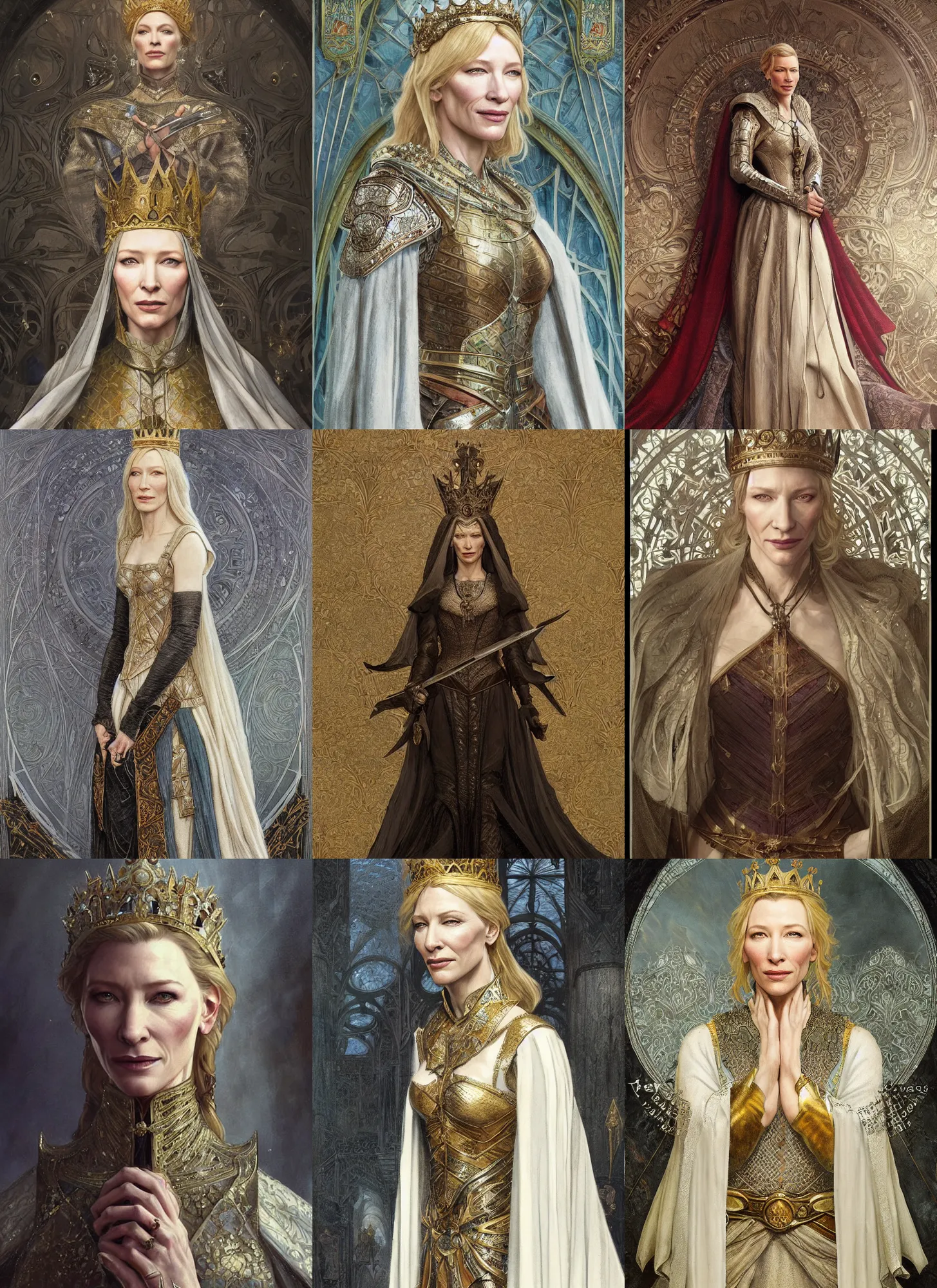 Prompt: Cate Blanchett as medieval queen, intricate, elegant, highly detailed, digital painting, artstation, concept art, smooth, sharp focus, illustration,, art by greg rutkowski and alphonse mucha and aleksi briclot
