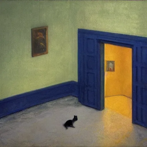 Image similar to a black winged cat in a blue and gold haunted liminal abandoned room, film still by edward hopper, by gottfried helnwein, by klimt, art noveau, highly detailed, strong lights, liminal, eerie, bright pastel colors,