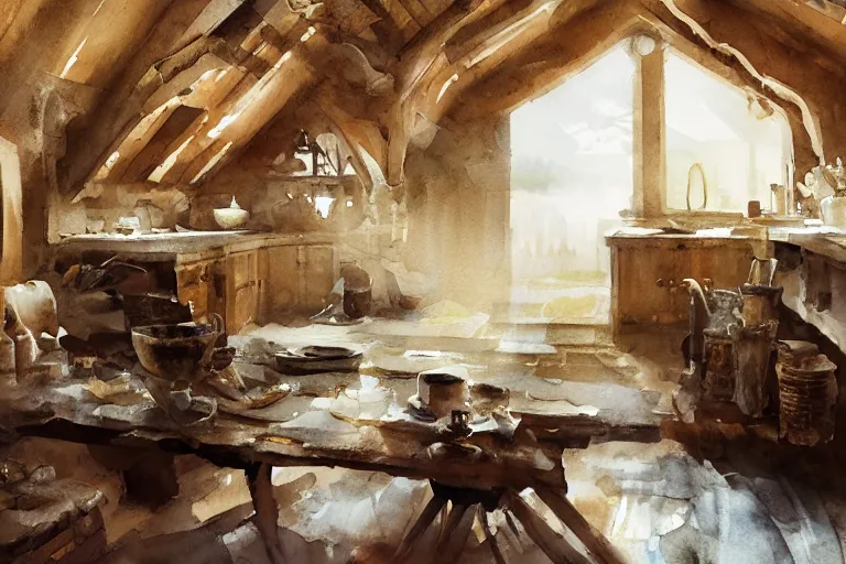 Prompt: paint brush strokes, abstract watercolor painting of rustic village fortress kitchen, interior closeup, medieval straw roof, scandinavian viking age, fog, ambient lighting, art by hans dahl, by jesper ejsing, art by anders zorn, wonderful masterpiece by greg rutkowski, cinematic light, american romanticism by greg manchess, creation by tyler edlin