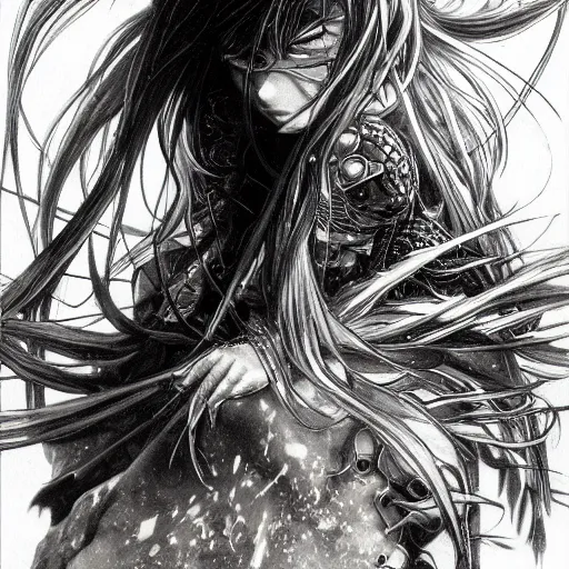 Image similar to yoshitaka amano realistic illustration of an anime girl with black eyes, wavy white hair fluttering in the wind and cracks on her face wearing elden ring armor with engraving, abstract black and white patterns on the background, noisy film grain effect, highly detailed, renaissance oil painting, weird portrait angle, three quarter view