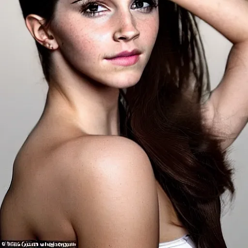 Image similar to a woman who is a genetic combination of emma watson and kim kardashian, face and upper - body focus
