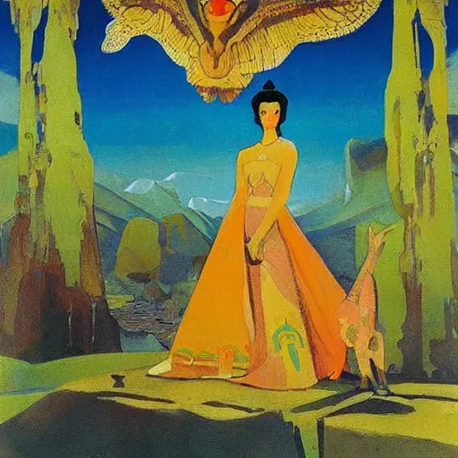 Prompt: a naturalist beautiful beautiful gorgeous vintage painting of a portrait of a queen with dark curly hair and fair pale skin on a throne by nicholas roerich by gustave moreau, by eyvind earle by bruce pennington