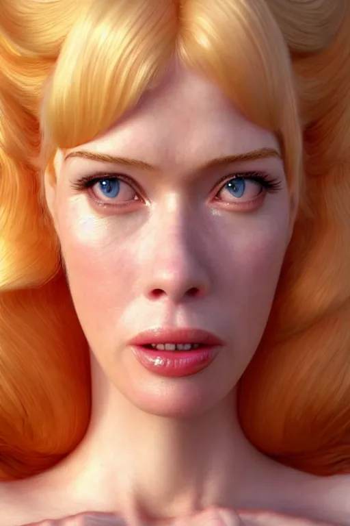 Prompt: polished sweaty princess peach : : claudia schiffer face : : christina hendricks body : : weta disney pixar movie still photo : : hi - fructose, sci fi, fantasy, decadent highly - detailed digital painting, golden ratio, octane render, artstation, smooth, sharp focus, artgerm, mucha, loish, wlop : :