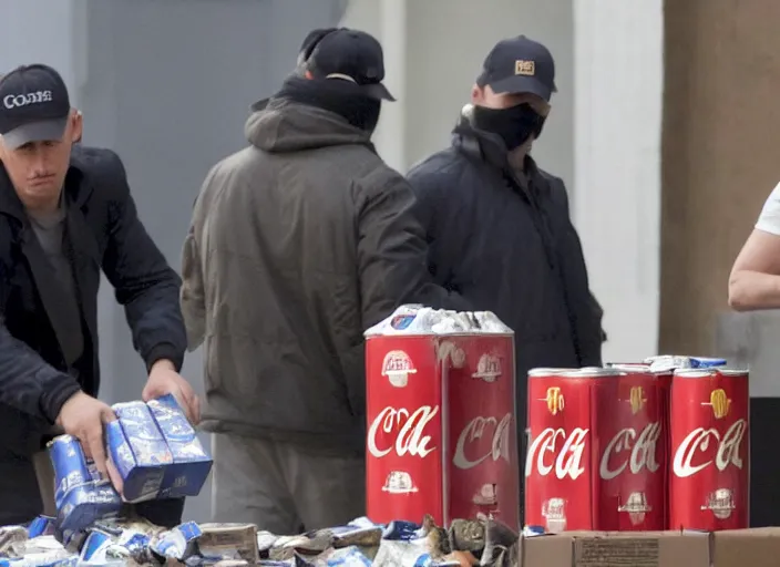 Image similar to film still of fbi agents searching boxes filled with coke cans and mcdonalds boxes in the new political thriller movie, 8 k