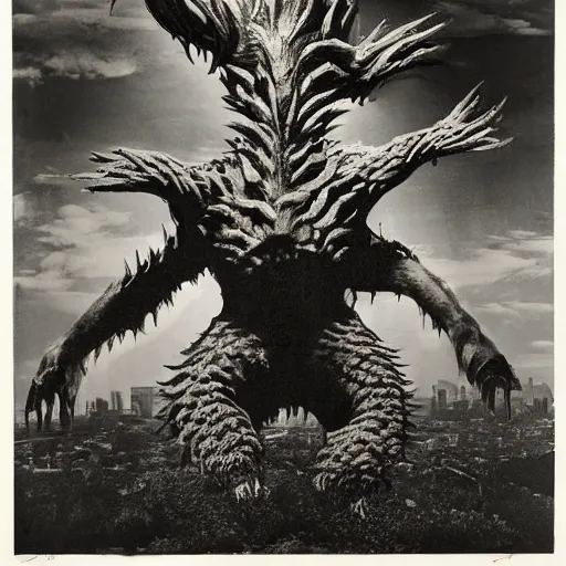 Image similar to A beautiful experimental art of a large, monster looming over a cityscape. The monster has several eyes and mouths, and its body is covered in spikes. It seems to be coming towards the viewer, who is looking up at it in fear. icy by Richard Hamilton, by Ruth Bernhard rich details