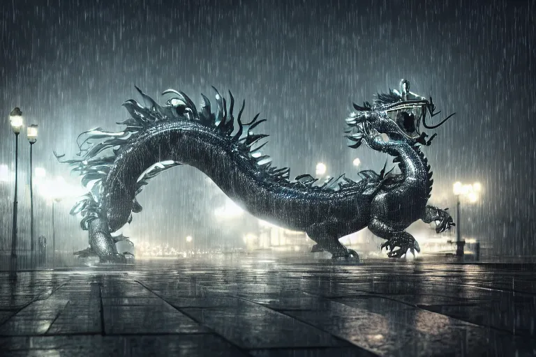 Image similar to cinematic wide angle shot of a silver cybernectic chinese dragon in the rain, midnight city lights, strong bokeh, dramatic lighting, unreal engine, cgsociety, artstation, 4k