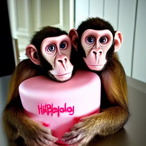 Image similar to an older monkey hugging his younger sister, birthday, cake, hyper realistic