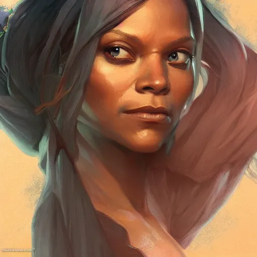 Image similar to zoe saldana, deep focus, d & d, fantasy, intricate, elegant, highly detailed, digital painting, artstation, concept art, matte, sharp focus, illustration, hearthstone, art by artgerm and greg rutkowski and alphonse mucha