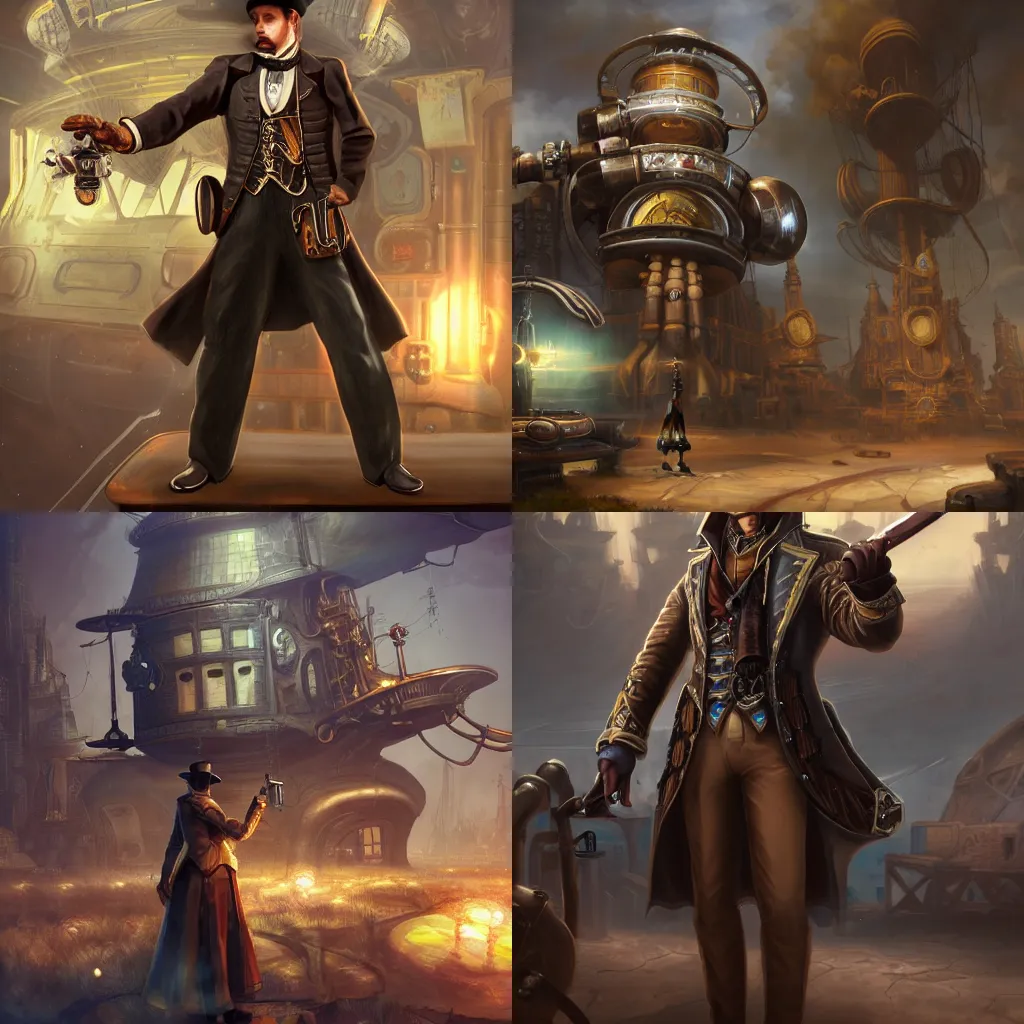 Prompt: a noble man in front in hat and revolver, posing on steampunk spaceship on background, steam romance by tyler edlin and lindsey look, victorian, adventure, jonathan winterhart, detailed, 4k resolution, trending on artstation