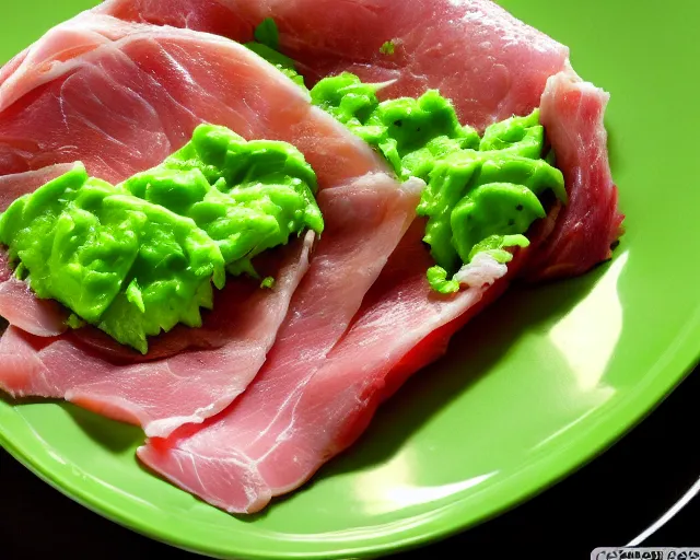 Image similar to Green eggs and ham. A healthy shade of green for eggs and meat. Fresh, cooked, scrumptious!