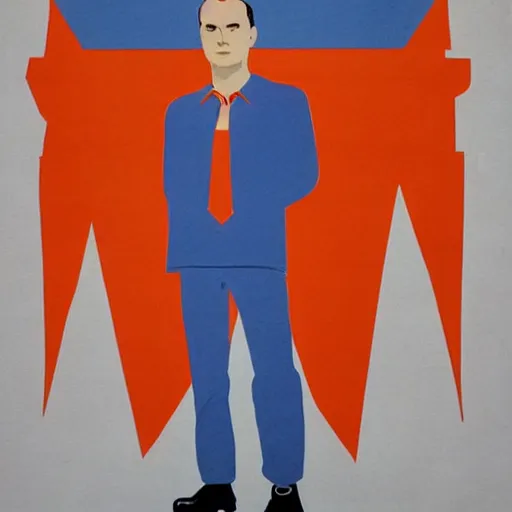 Image similar to minimalist soviet propaganda of sheldon cooper standing with folded arms, by le corbusier and diego rivera