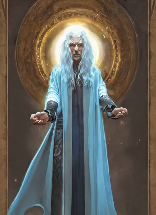 Image similar to medium - length portrait of a wizard, arcane sigils hovering over her hands, with long white hair and glowing blue eyes, dark brown skin, stern expression, wears a long robe, medieval setting, dramatic pose, highly detailed, digital painting, artstation, concept art, sharp focus, illustration, art by greg rutkowski and alphonse mucha