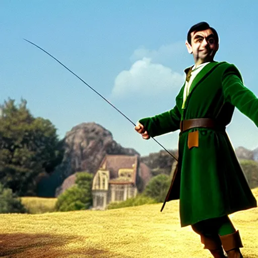 Image similar to mr. bean as robin hood. movie still. cinematic lighting.