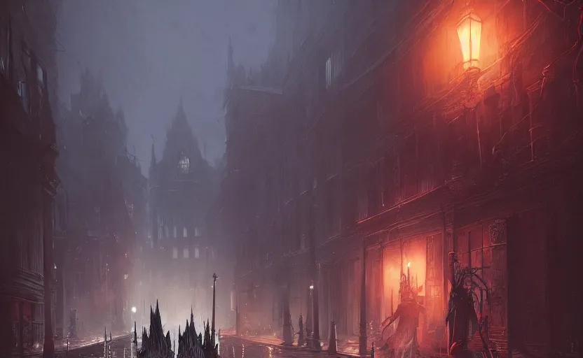 Image similar to Victorian city streets night, bloodborne, Greg Rutkowski, digital art, artstation