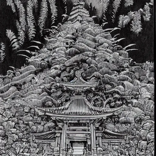 Prompt: a giant mystical temple in the middle of a rainforest, beautiful brushlines, japanese ink