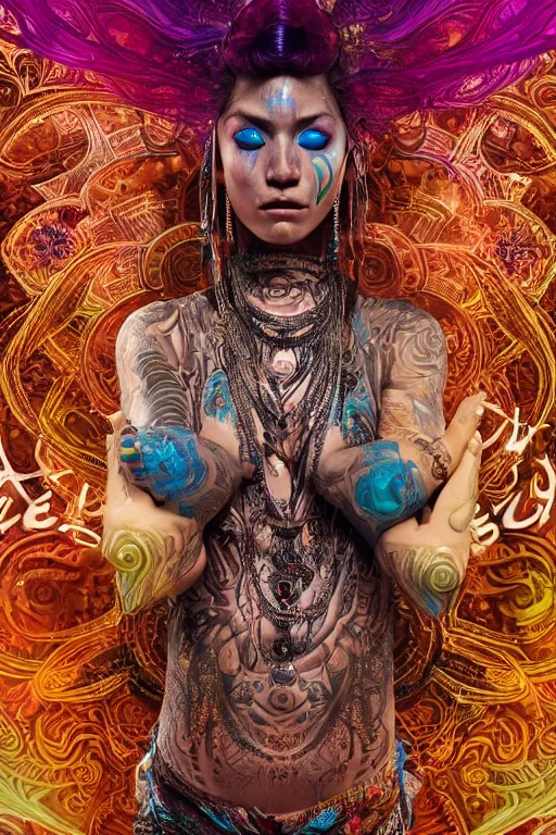 Prompt: a centered render of an mytical festival hippy with tribal tattoos wearing intricate metallic clothing surrounded by a underwater ink pour and flowing liquid gallium and sacred geometry, perfect body and face, gorgeous, cinematic, beautifully lit, by alberto seveso, by zack snyder, by cory loftis, 3 d, trending on artstation, octane render, 8 k