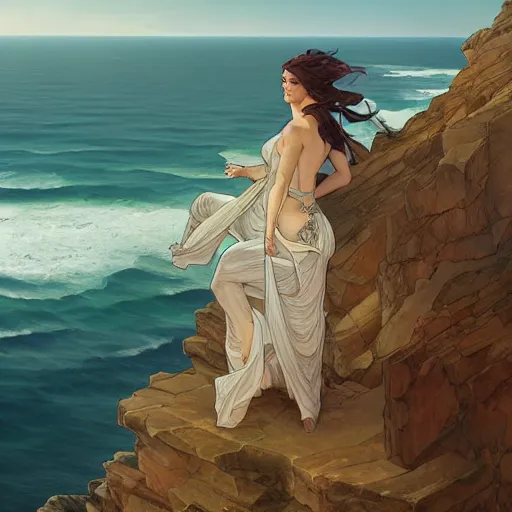 Image similar to a person standing on a cliff, looking out at the ocean, by artgerm and greg rutkowski and alphonse mucha and william