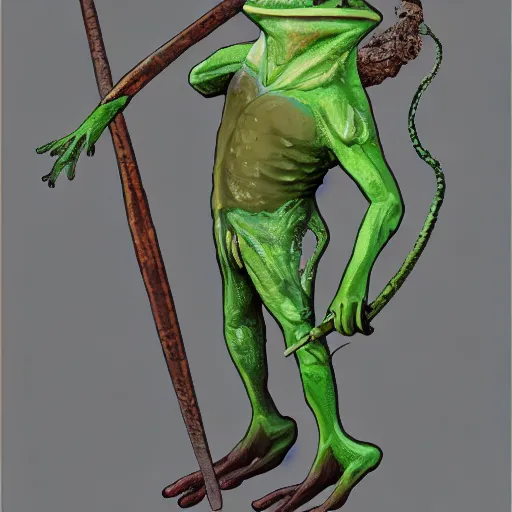 Prompt: A oldman frog holding himself with a staff. Artstation, Hiroaki Tsutsumi style