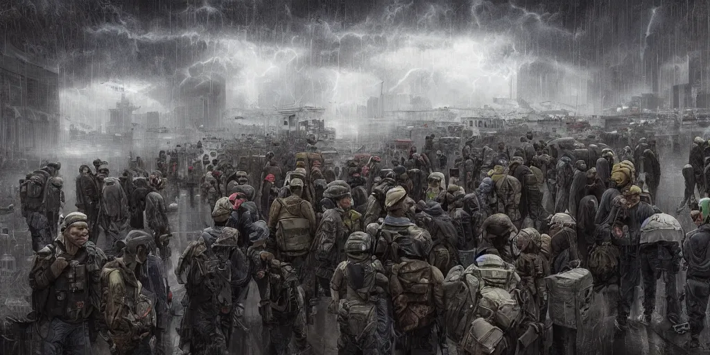 Image similar to private military company operatives standing outside immigration check point crowded with climate crisis migrants, severe weather storms, hong kong, cinematic, realistic, detailed, intricate, digital art, ambient lighting, by jordan grimmer, industrial art style, 3 5 mm film grain, artstation