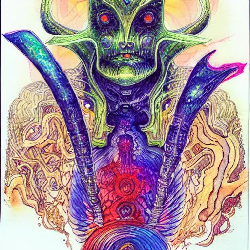 Prompt: marduk, devourer of worlds, detailed watercolor art by moebius on dmt and shrooms