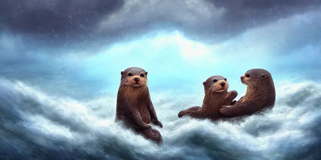 Prompt: beautiful incredible fantasy illustration of a pair of adorable otters falling in love holding hands in a huge storm at sea cinematic dreamlike detailed trending on artstation masterpiece