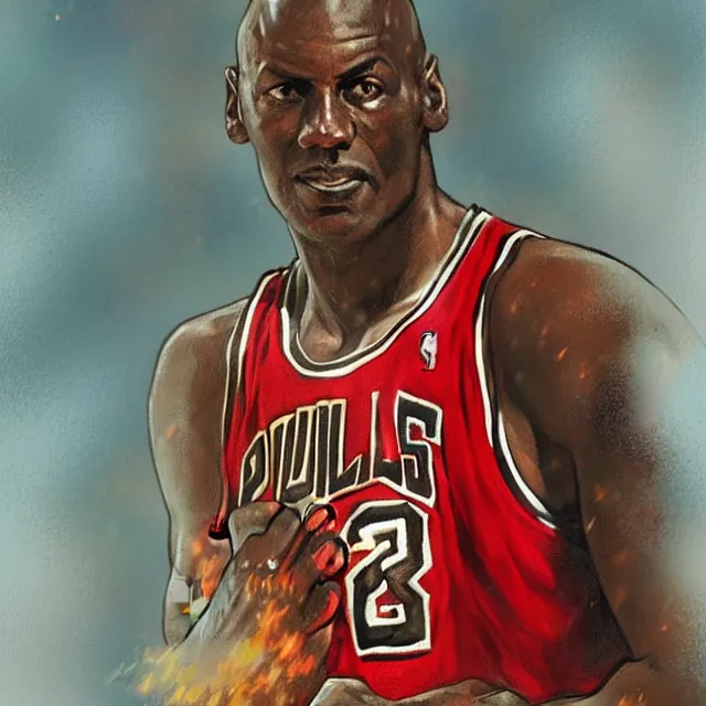 Image similar to michael jordan as a firebender, portrait, elegant, intricate, digital painting, artstation, concept art, smooth, sharp focus, illustration, art by konstantin korovin and daniel f. gerhartz and john howe