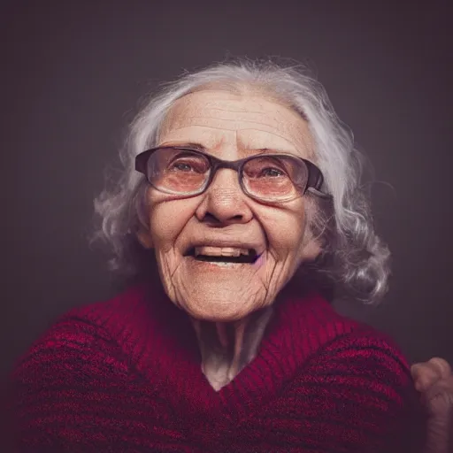 Prompt: Old woman, selfie, bright flash, front view photography, selfie photography, 8k, photorealism