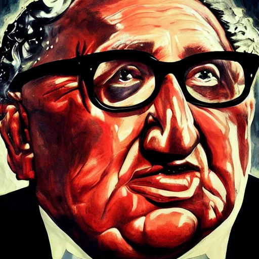 Image similar to a horror portrait of henry kissinger, hyper realistic, octane render, masterpiece portrait painting. dark, moody, ( black oil drips from his mouth and eyes ), abstract brush strokes, inner glow.