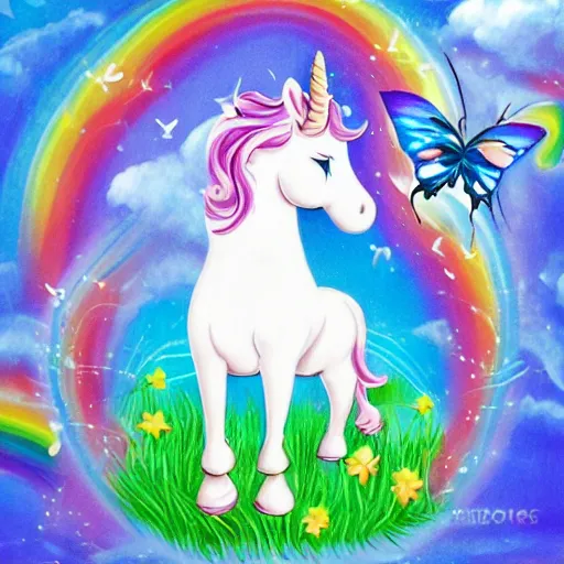 Prompt: unicorn with blue butterfly by rainbows, waterfalls, and the ocean