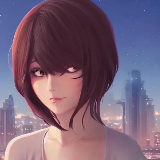 Image similar to a beautiful woman with a hime haircut, dark brown hair and tan skin, dark brown eyes, city landscape, 4k, anime key visual, lois van baarle, ilya kuvshinov, rossdraws, artstation