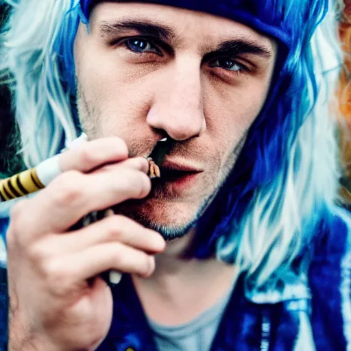 Image similar to a skinny white male singer with blue hair smoking a cigarette, tired eyes