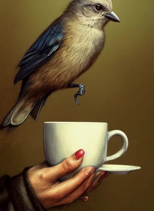 Image similar to a bird holds a cup of tea in its hands, hyperrealism, no blur, 4 k resolution, ultra detailed, style of tyler edlin, tom bagshaw, arthur rackham, ivan shishkin