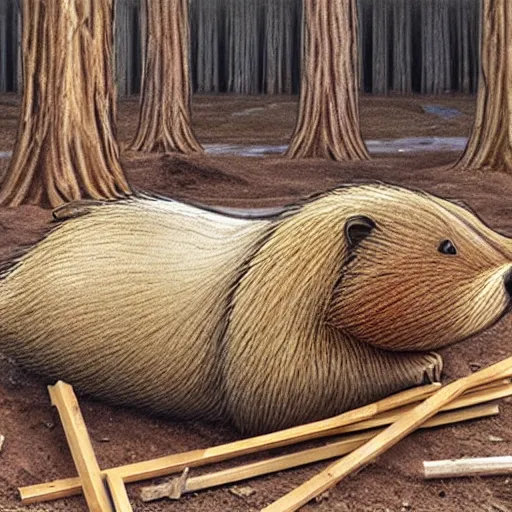 Image similar to photography hyperrealism concept art of anthropomorphic beavers as construction builders that building city from sticks