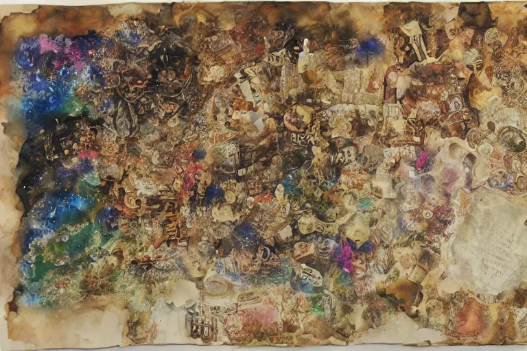 Image similar to an elaborate and dense painting of the future, made of alcohol ink on parchment