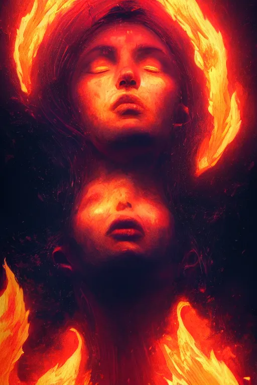 Image similar to a head and shoulder portrait of a goddess women engulfed in deep coloured flames by Greg Rutkowski, Sung Choi, Mitchell Mohrhauser, Maciej Kuciara, Johnson Ting, Maxim Verehin, Peter Konig, Bloodborne , 8k photorealistic, cinematic lighting, HD, high details, atmospheric , trending on artstation