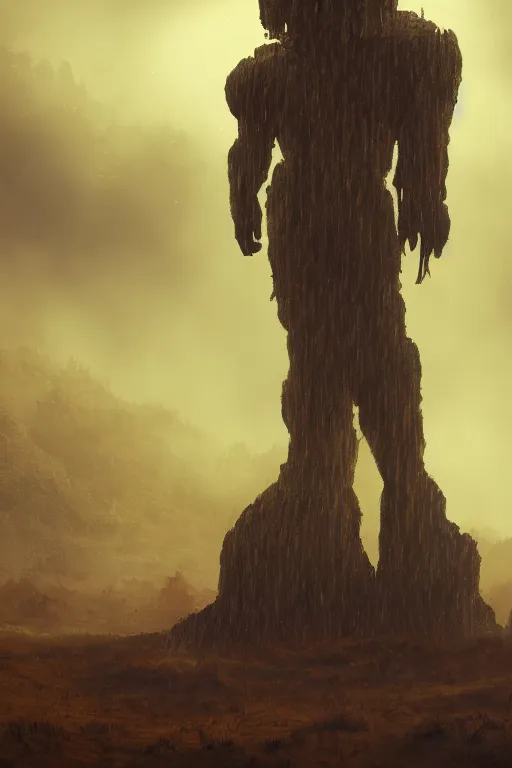 Prompt: a realistic detail of a lonely world, huge giant guardian statue, abandoned, shining star, the born fire, SCP, traveller, raining, mist by Leonardo Calamati, wlop, Dylan cole, Erak note, Denis Villeneuve, Ben Nicholas, Anton Fadeev, thomas kinkade, rutkowski, Finnian MacManus, Syd Mead, Trending on artstation, blue and black scheme, 8k, Unreal Engine