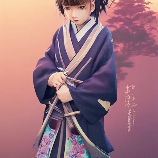 Prompt: Clothed kimono. realistic style at CGSociety by WLOP,ilya kuvshinov,krenz cushart,Greg Rutkowski,trending on artstation.Zbrush sculpt colored,Octane render in Maya,Houdini VFX.Realistic fantasy cute young girl who is dark disciple,expressing joy,wearing kimono, silky hair, blue eyes.Oil painting.Cinematic dramatic atmosphere,sharp focus,soft volumetric studio lighting.