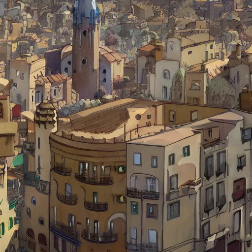 Image similar to a shot of a barcelona as a baroque city in howl's moving castle movie, movie shot, anime, hightly detailed, rescalated 4 k, detailed