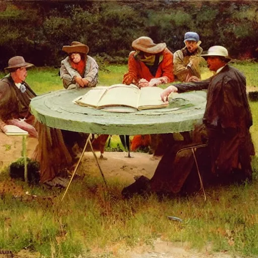 Prompt: rigorous, manmade by diego dayer, by howard pyle. a beautiful land art of a group of people standing around a circular table. in the center of the table is a large, open book. the people in the land art are looking at the book with interest & appear to be discussing its contents.