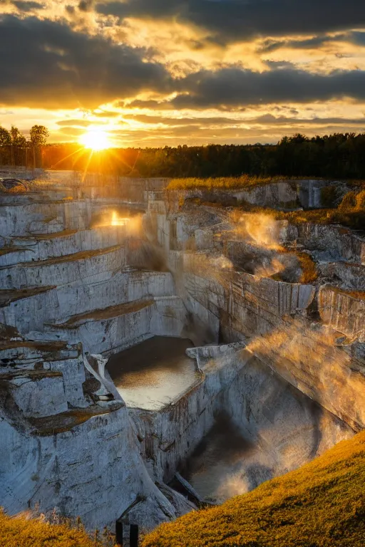 Image similar to a waterfilled limestone quarry, beautiful golden hour light, cinematic, oland in sweden, south of sweden