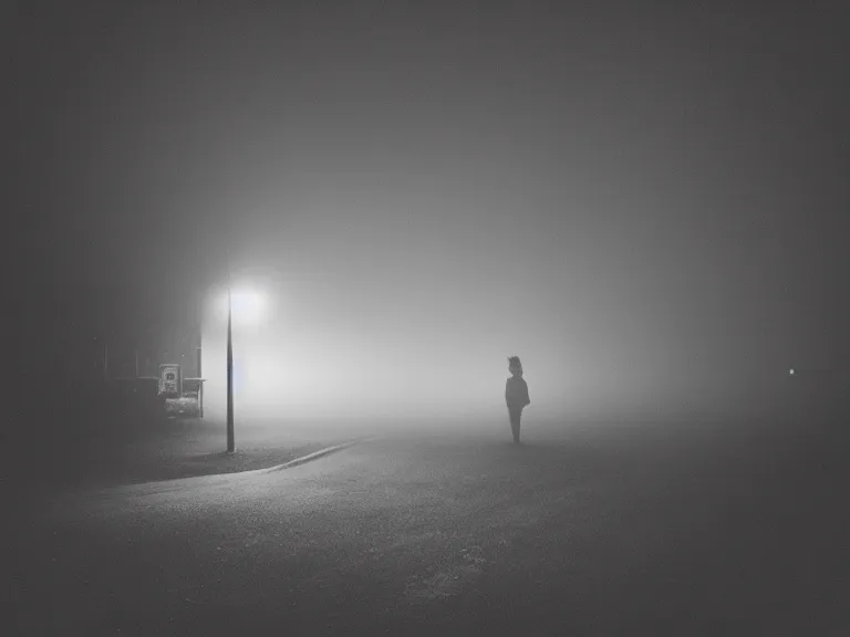 Prompt: film photograph of vagrant at night volumetric fog