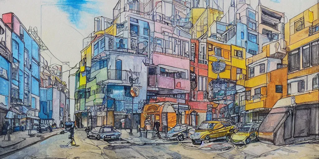 Image similar to street artists. painting of rounded bauhaus buildings in a junction in tel aviv. highly detailed. pen drawing painted with watercolors. colorful