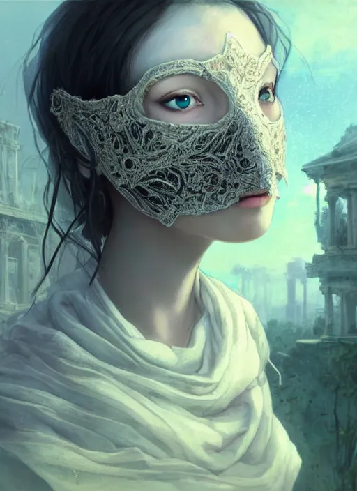 Prompt: close up of a veiled half scull mask girl on the ruins temple, looking at the camera very curiously, hands on lips, smog on the floor, extremely beautiful and aesthetic and attractive and cute detailed face and body, chiaroscuro, model pose, fantasy illustrations, by makoto shinkai and jeremy lipking and ferdinand knab